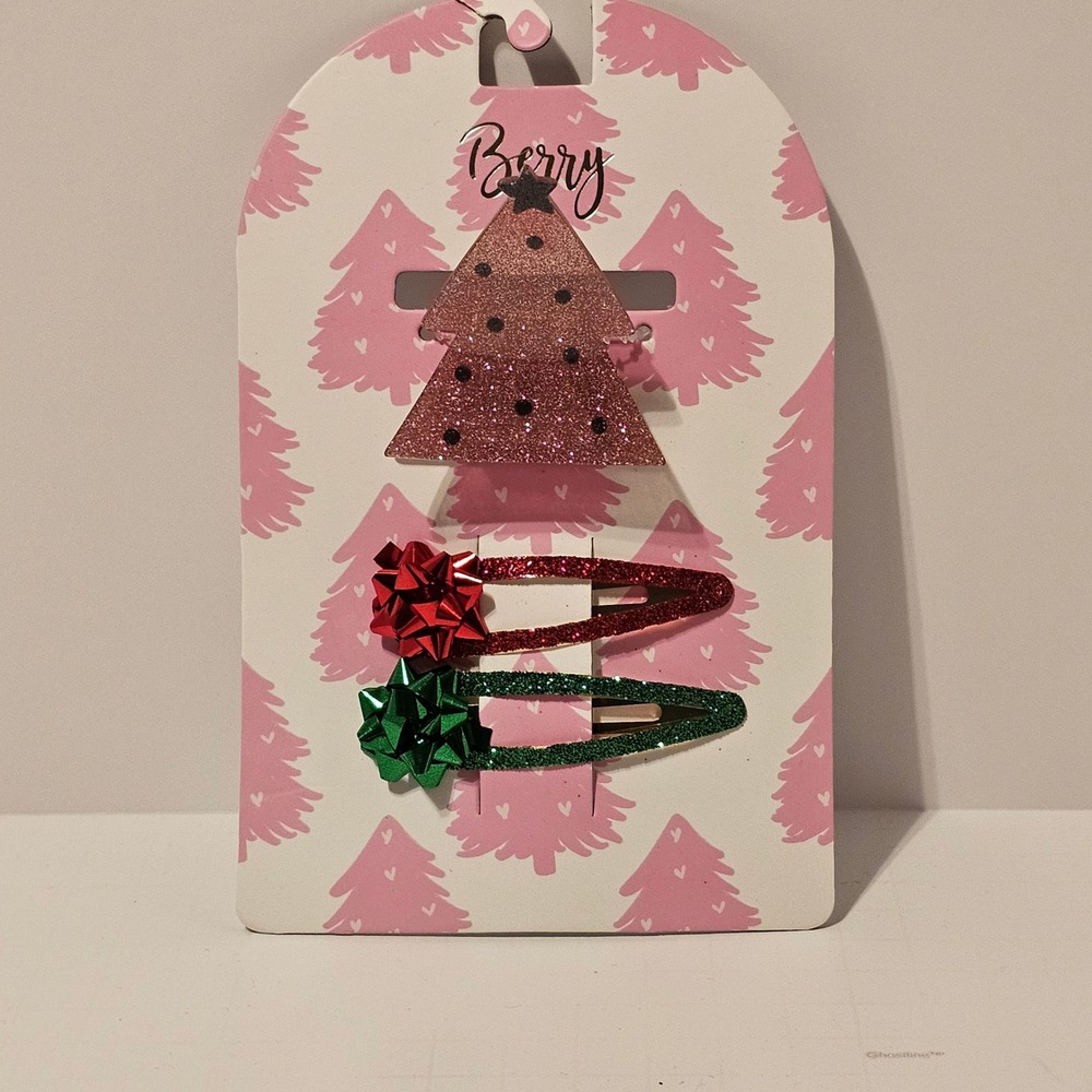 NEW Berry Christmas Tree Bow Hair Clip Set Girl Holiday Accessories Pink Glitter